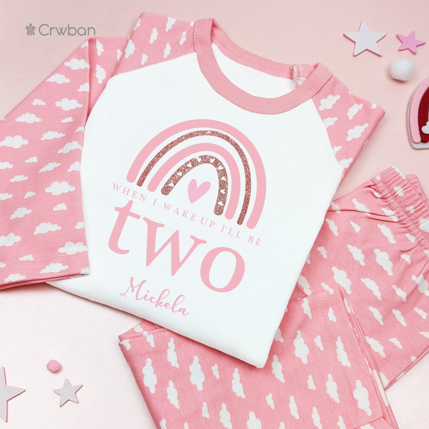 Pink Rainbow with Rose Gold Glitter Personalised Kids Outfit, Birthday Morning Set, Custom Name Cotton Clothing Set, Tight-fitting style