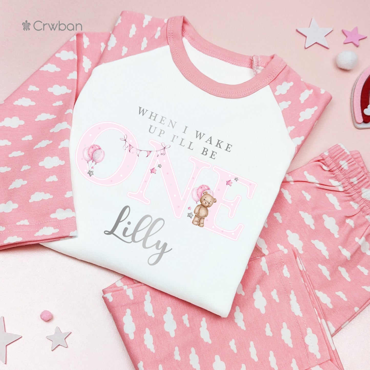 Pink Teddy Bear Personalised Any Age Birthday Girl Pyjamas When I Wake Up I'll Be Birthday, Childs Birthday Nightwear, Metallic Silver Print