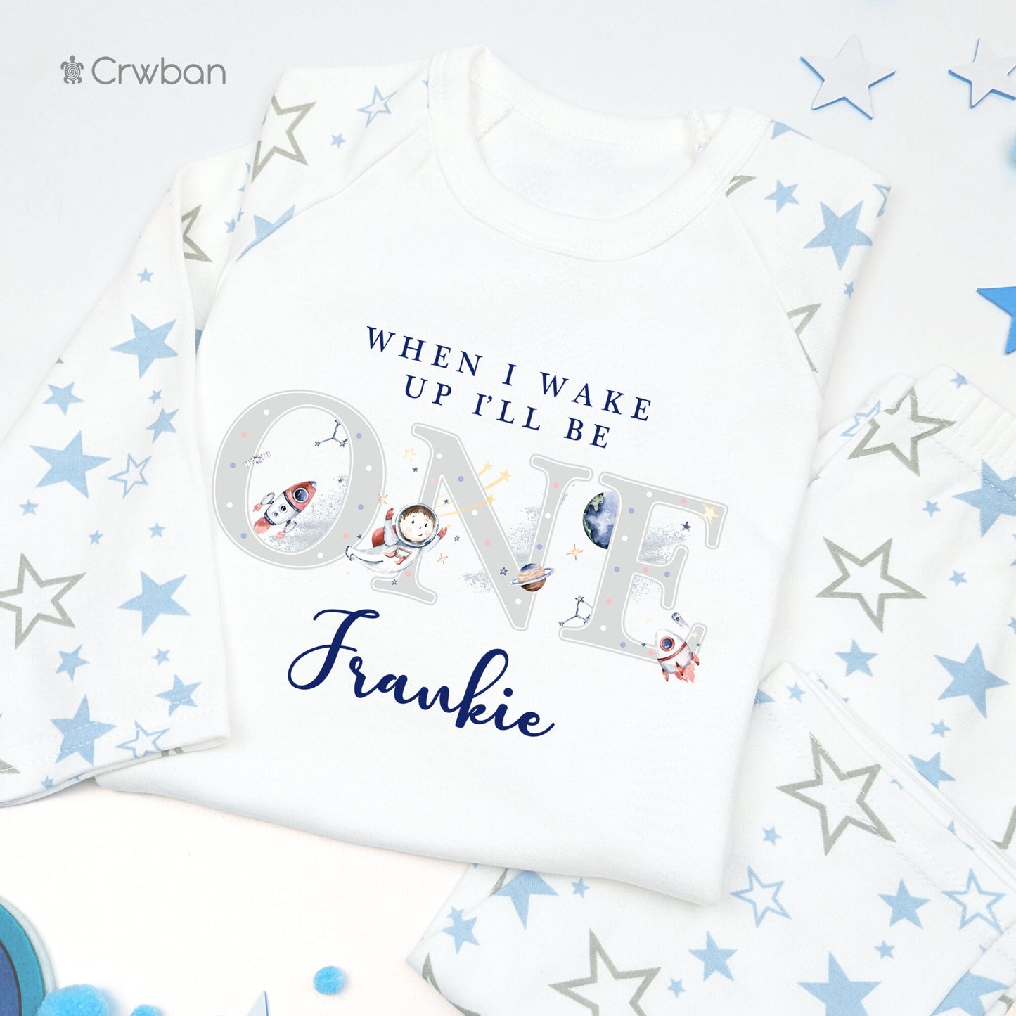 Blue Space Man Personalised Any Age Birthday Pyjamas, When I Wake Up I'll Be, Birthday Boy, Toddler Pj's, Navy Print, 1st 2nd 3rd Birthday