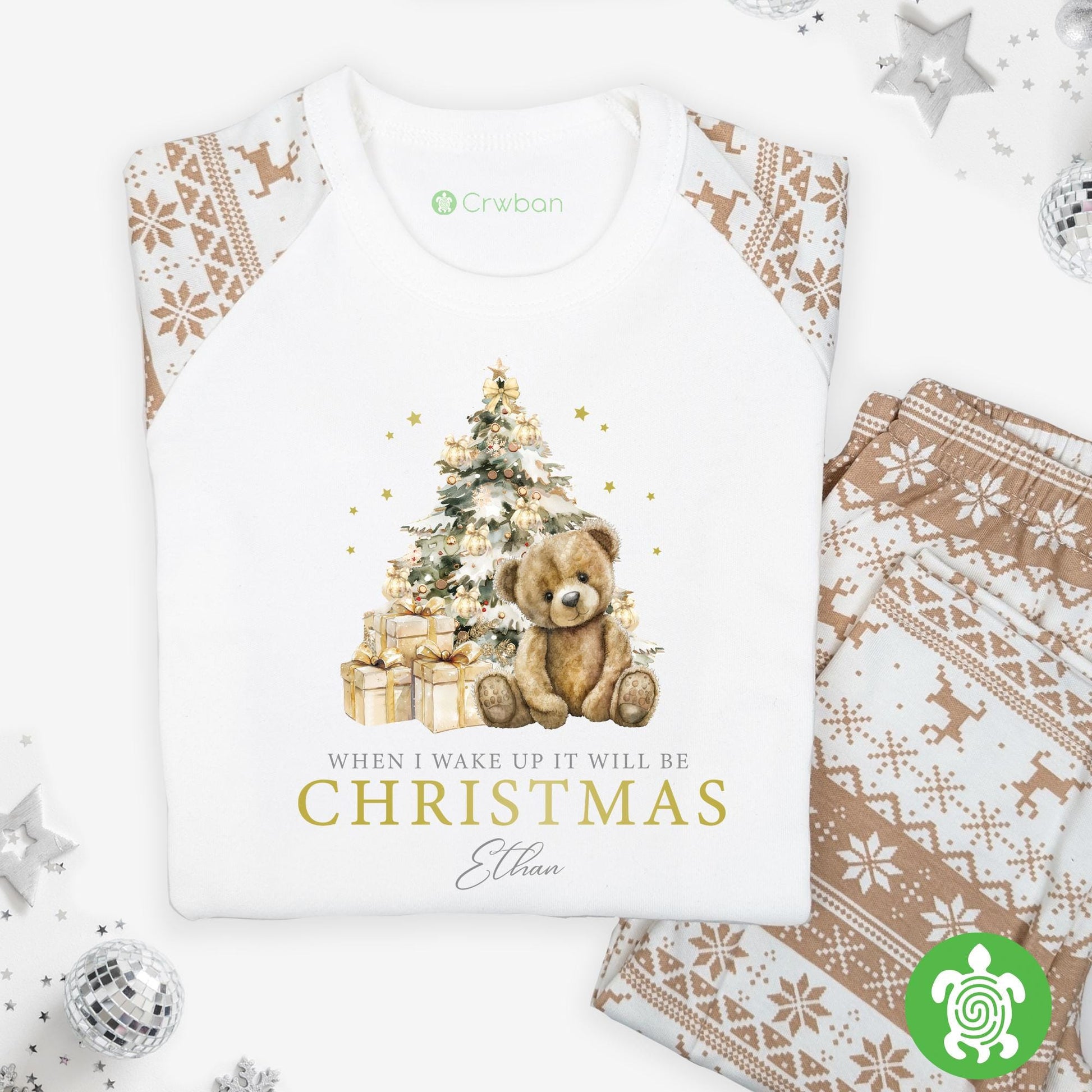 Luxury Children's When I Wake Up It Will Be Christmas Festive PJ'S, Neutral Teddy Boy Girl Christmas Pyjamas, Metallic Print, XMas Outfit