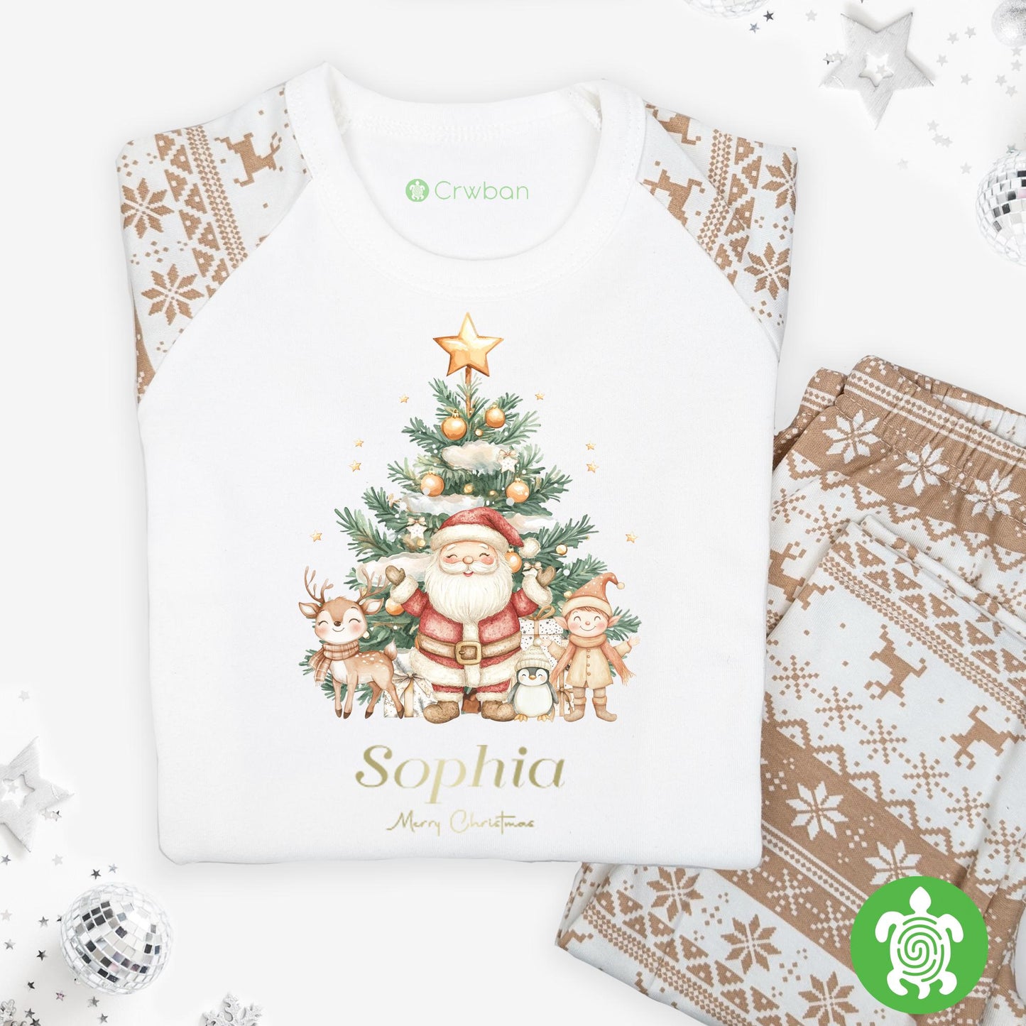Luxury Beige Santa Scene Adults Christmas Matching Outfit, Beige Festive Pattern, Personalised Clothing, Xmas Eve Set, Tight-fitting style