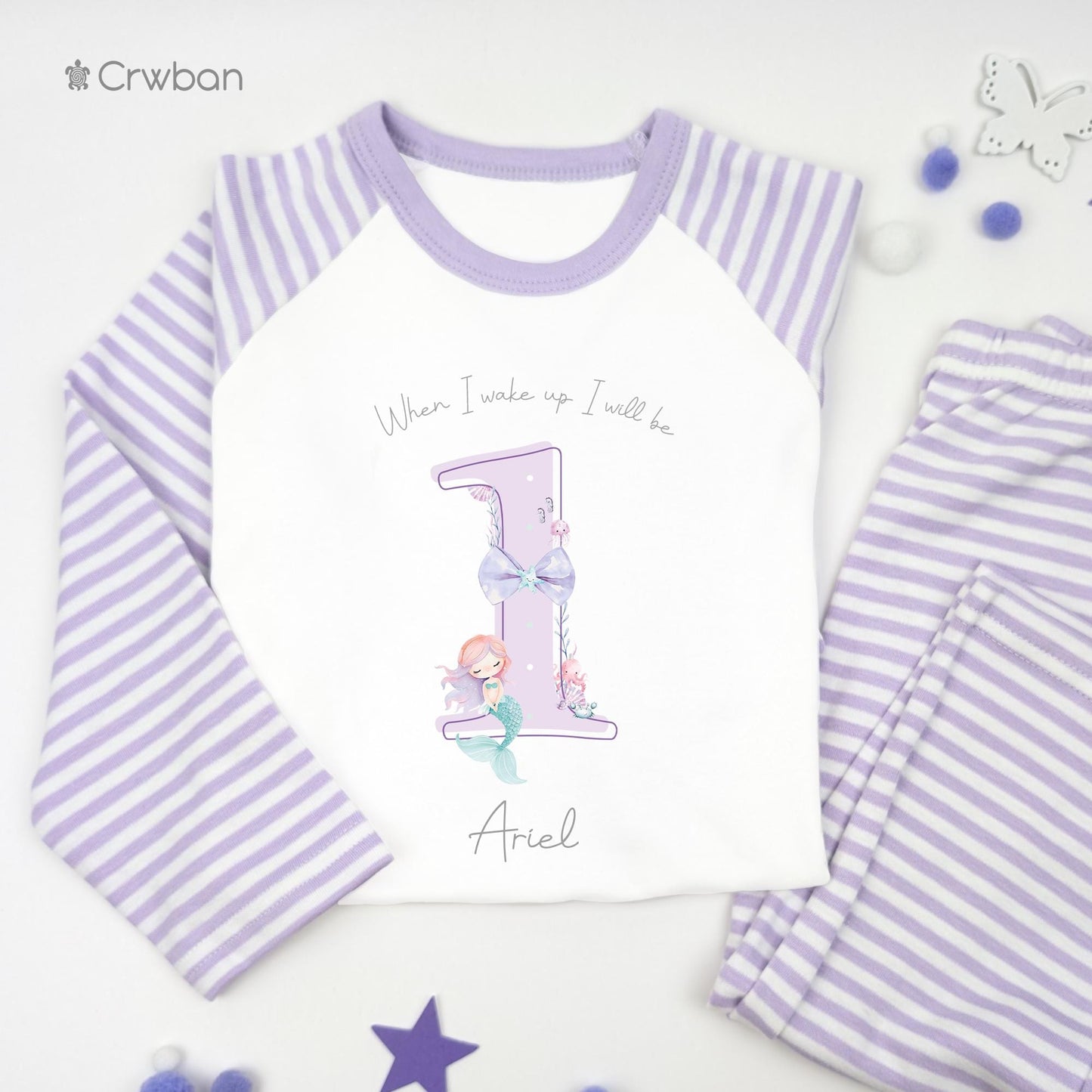 Purple Mermaid Shadow Any Age Birthday Pyjamas, Children Toddler, Personalised Pyjamas Gift, Birthday Girl Pyjamas, 1st 2nd Birthday Outfit