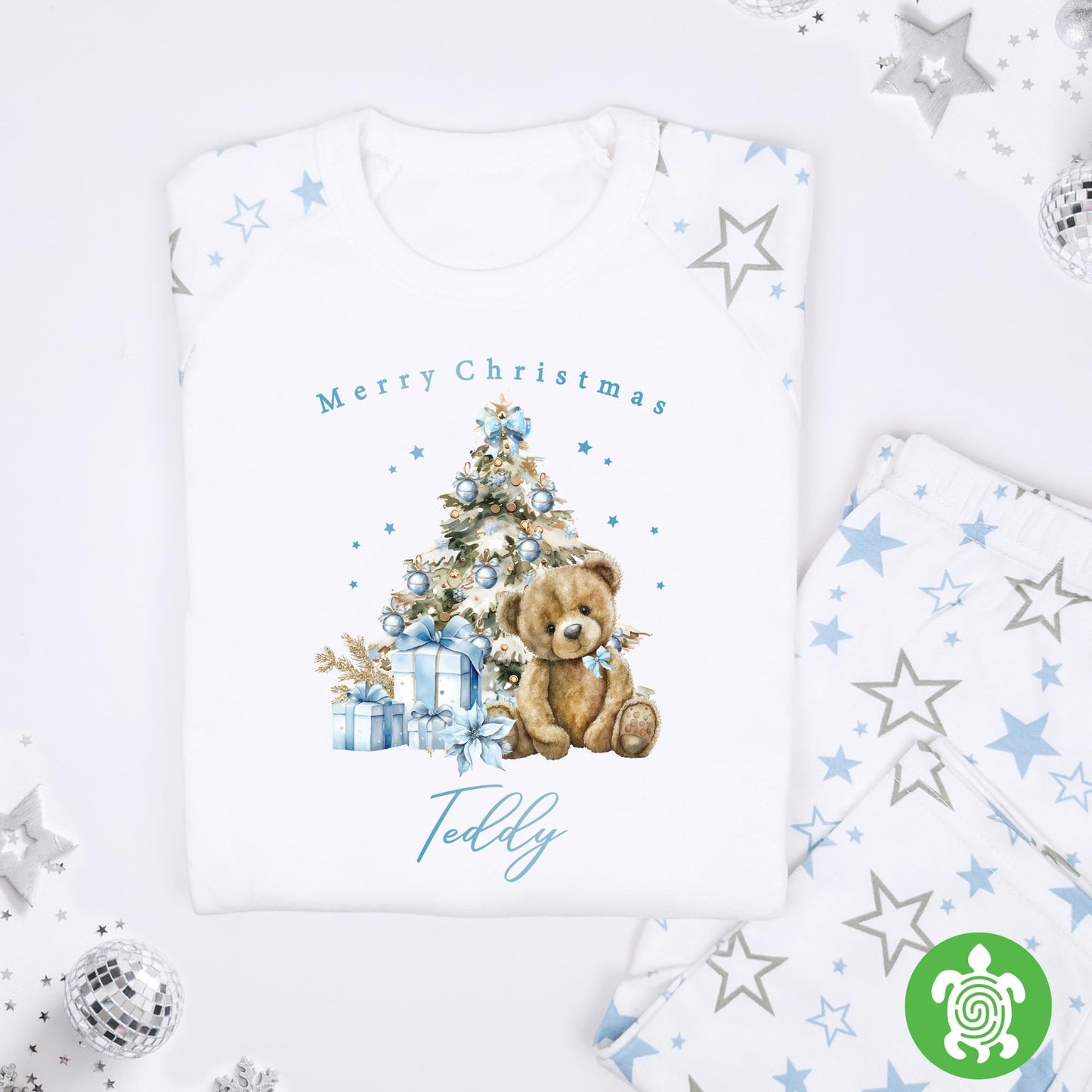 Luxury Merry Christmas Blue Teddy Festive Tree Outfit, Festive Pattern, Personalised Clothing Set, Tight-fitting style, Christmas Eve Box
