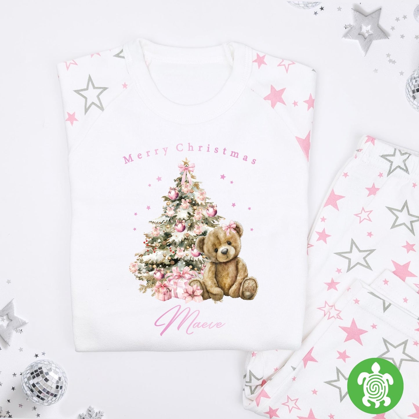 Luxury Merry Christmas Pink Teddy Festive Tree Outfit, Festive Pattern, Personalised Clothing Set, Tight-fitting style, Christmas Eve Box