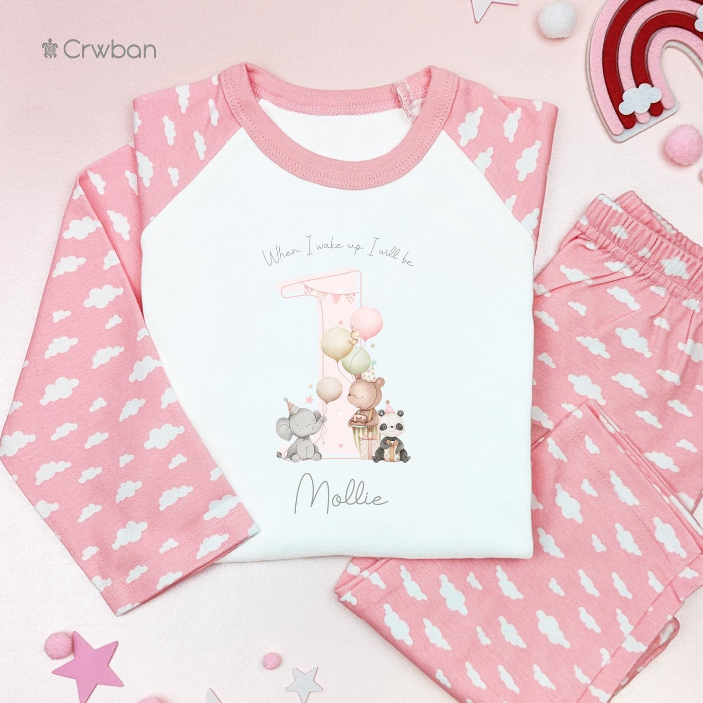 Pink Teddy Party Birthday Pj's Personalised Watercolour Birthday, When I Wake Up Pyjamas, Grey Print, Baby Girl, Any Age, Party Outfit