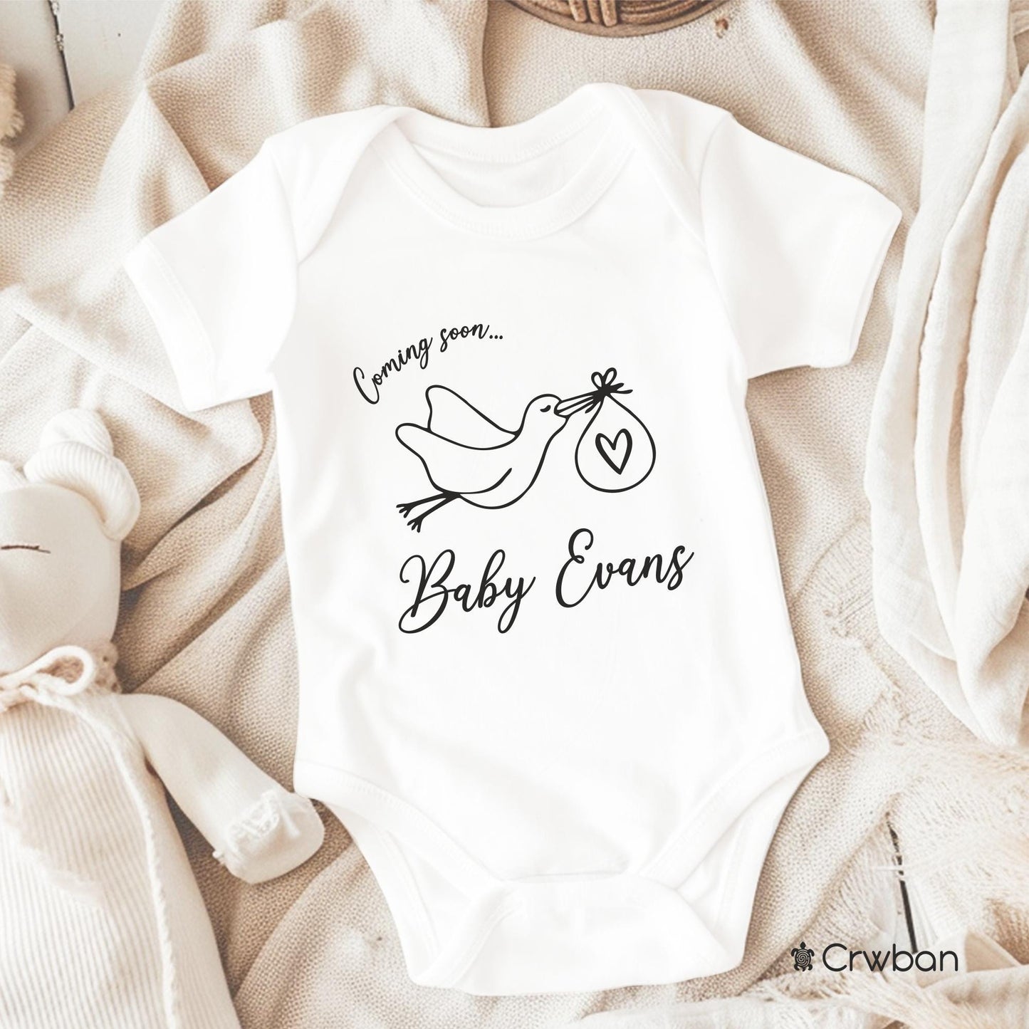 Personalised Stork Delivery Heart with Surname Pregnancy Announcement Unisex White Babygrow Bodysuit Gift Baby Shower