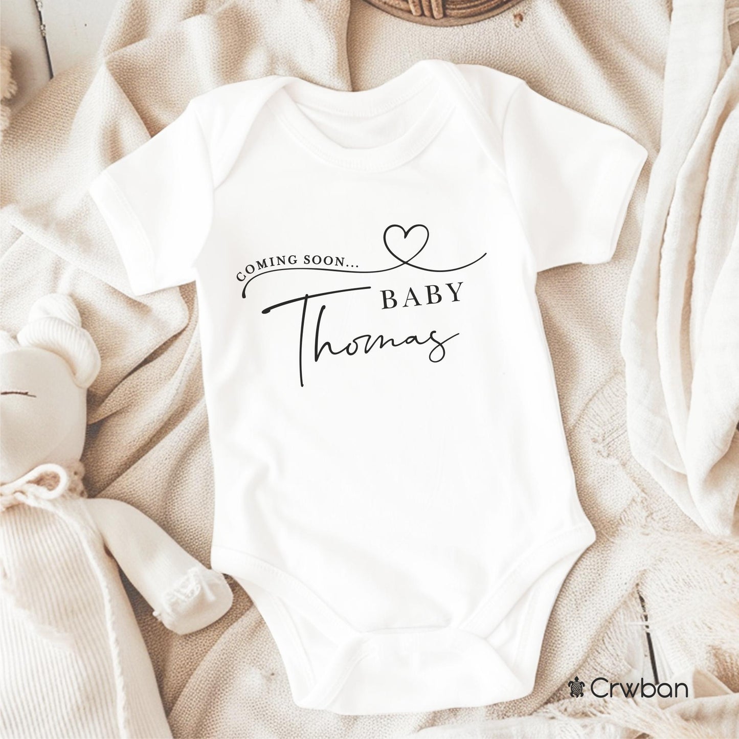 Personalised Baby Coming Soon Heart with Surname Pregnancy Announcement Unisex White Babygrow Bodysuit Gift Baby Shower