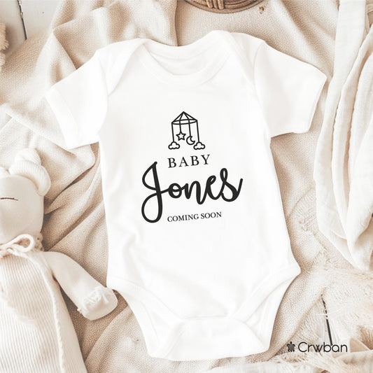Personalised Baby Mobile with Surname Pregnancy Announcement Unisex White Babygrow Bodysuit Gift Baby Shower