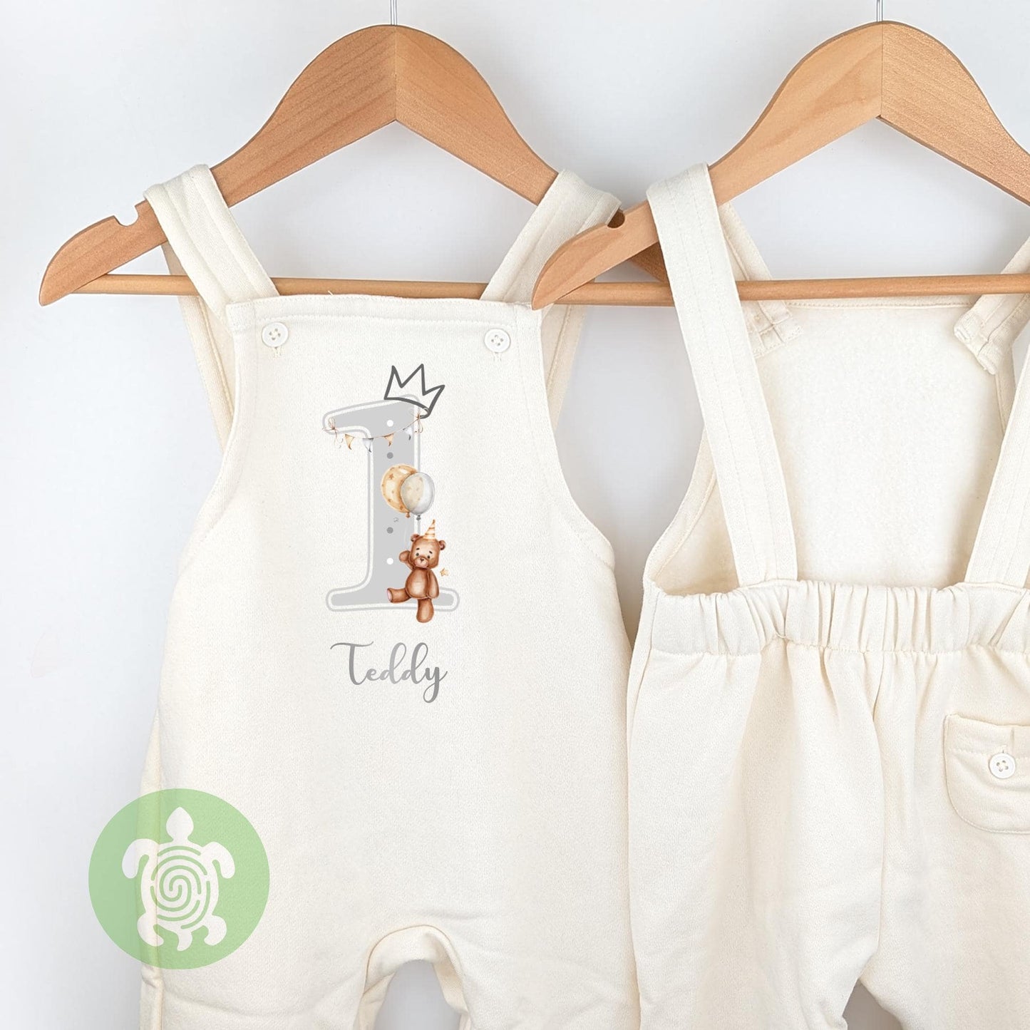 Grey Teddy Personalised Birthday Oat Fleece Dungarees, 1st 2nd Party Outfit with Metallic Silver Print, Childs Clothing, Birthday Outfit