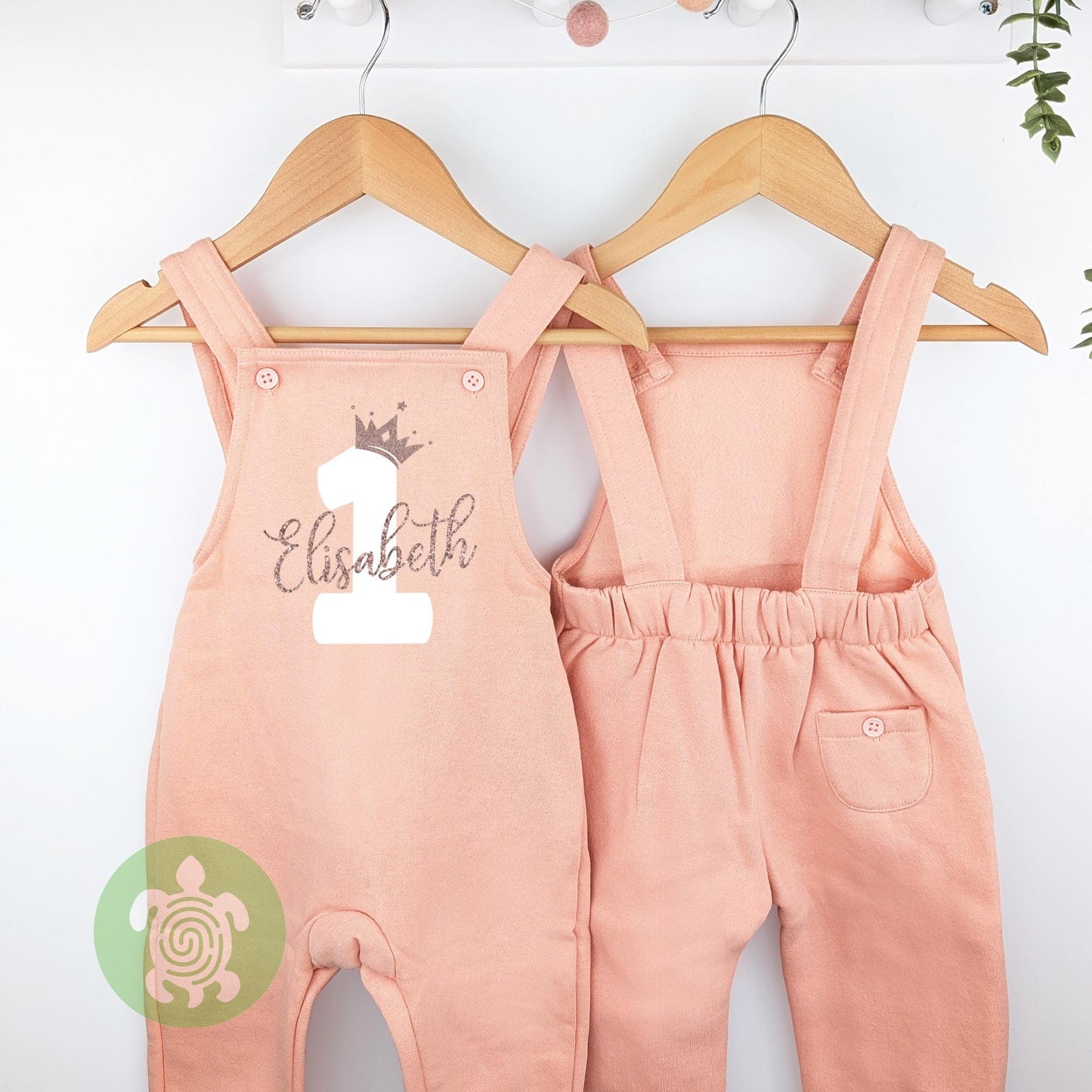 Crown 1st 2nd Birthday Dusty Pink Fleece Dungarees, Party Outfit Personalised design with Rose Gold Glitter Print Toddler Childs Outfit