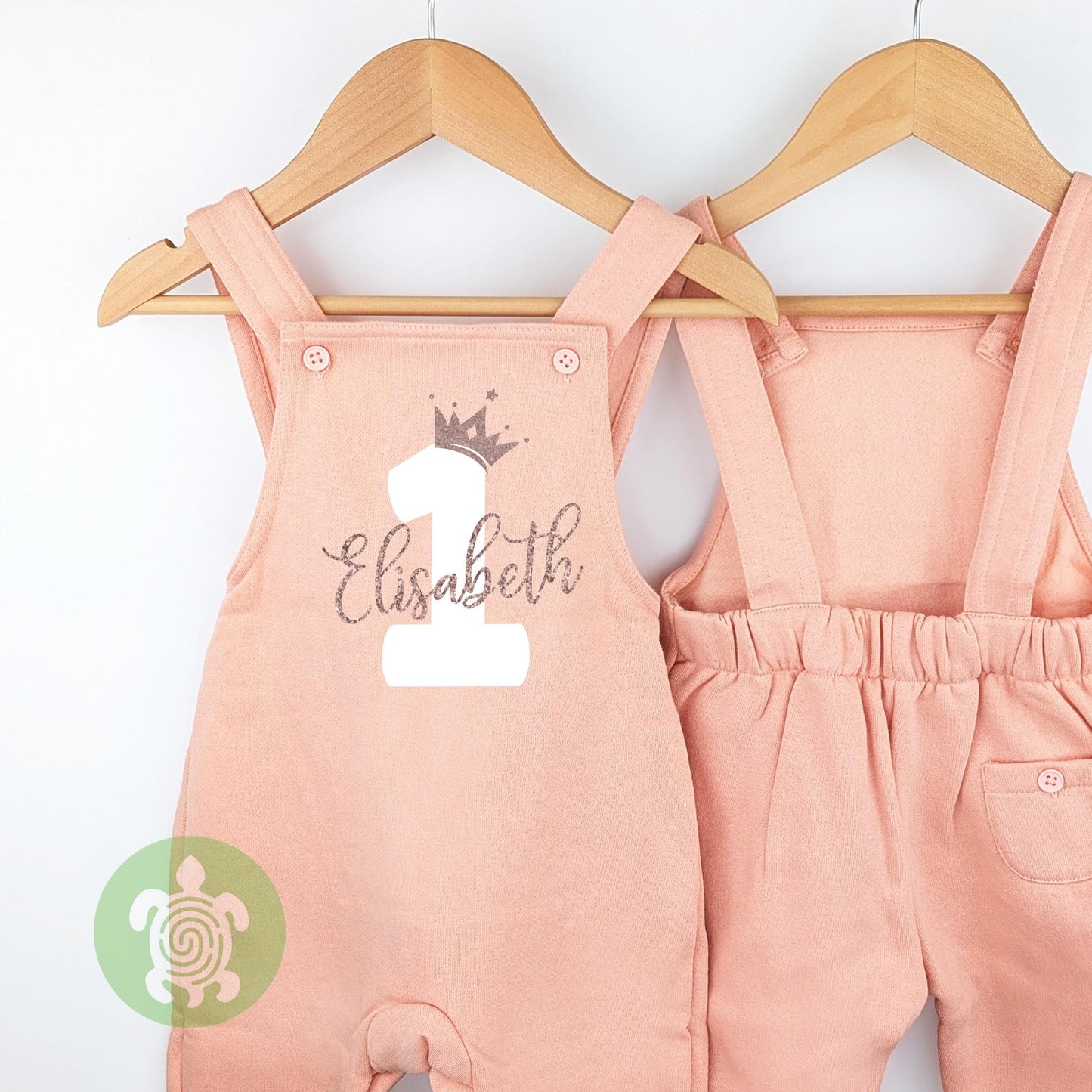 Crown 1st 2nd Birthday Dusty Pink Fleece Dungarees, Party Outfit Personalised design with Rose Gold Glitter Print Toddler Childs Outfit