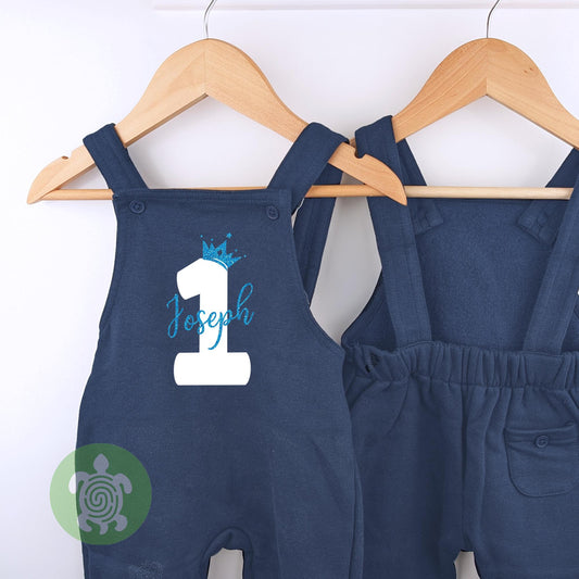 Crown 1st 2nd Birthday Navy Fleece Dungarees, Party Outfit Personalised design with Aqua Blue Glitter Print Toddler Childs Outfit
