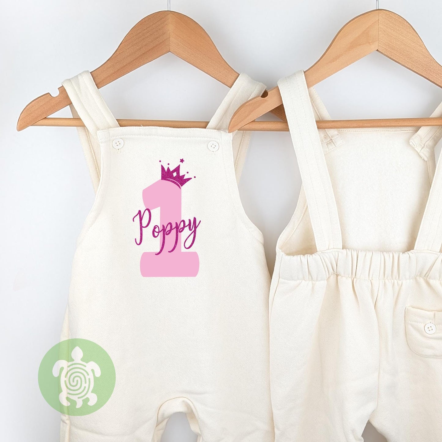 Crown 1st 2nd Birthday Oat Fleece Dungarees, Party Outfit Personalised design with Blush Pink Glitter Print Toddler Childs Outfit