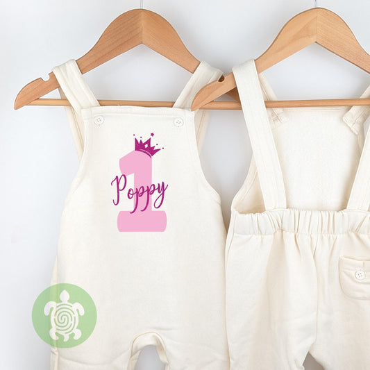 Crown 1st 2nd Birthday Oat Fleece Dungarees, Party Outfit Personalised design with Blush Pink Glitter Print Toddler Childs Outfit