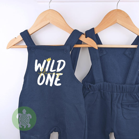 Personalised Wild One Fleece Dungarees, Children's Party Outfit, with Metallic gold Print, Toddler Outfit, Birthday Overalls, 1st Birthday