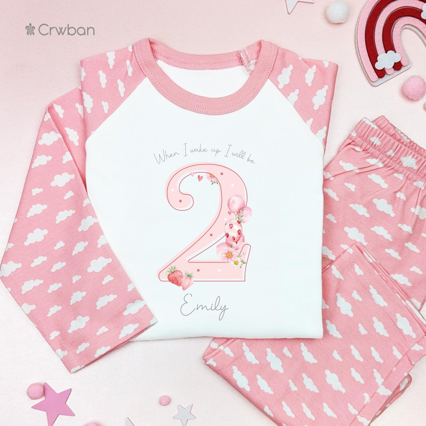 Personalised Strawberry Birthday Pyjamas, Girls Birthday Pjs, When I wake up Pjs, First Birthday, 1st 2nd Birthday, Baby girls Pyjamas