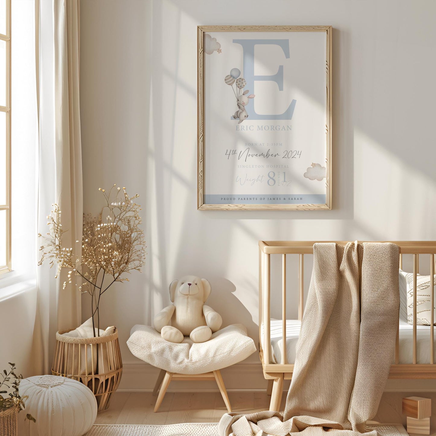Personalised Blue Bunny Balloon Nursery Print, Birth Details, Poster, New Baby Boy Gift, Baby Name Print, Sentimental, A4 A3 Wall Print