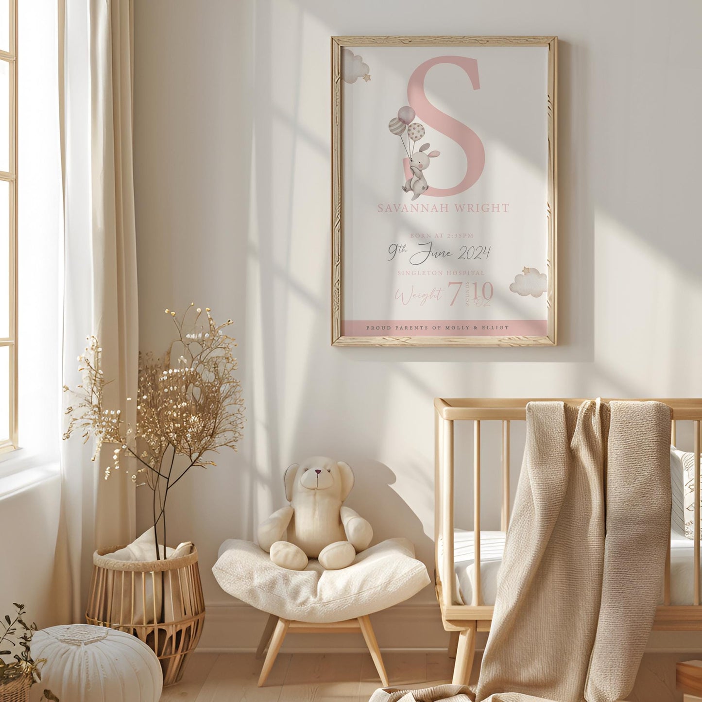 Personalised Pink Bunny Balloon Nursery Print, Birth Details, Poster, New Baby Boy Gift, Baby Name Print, Sentimental, A4 A3 Wall Print