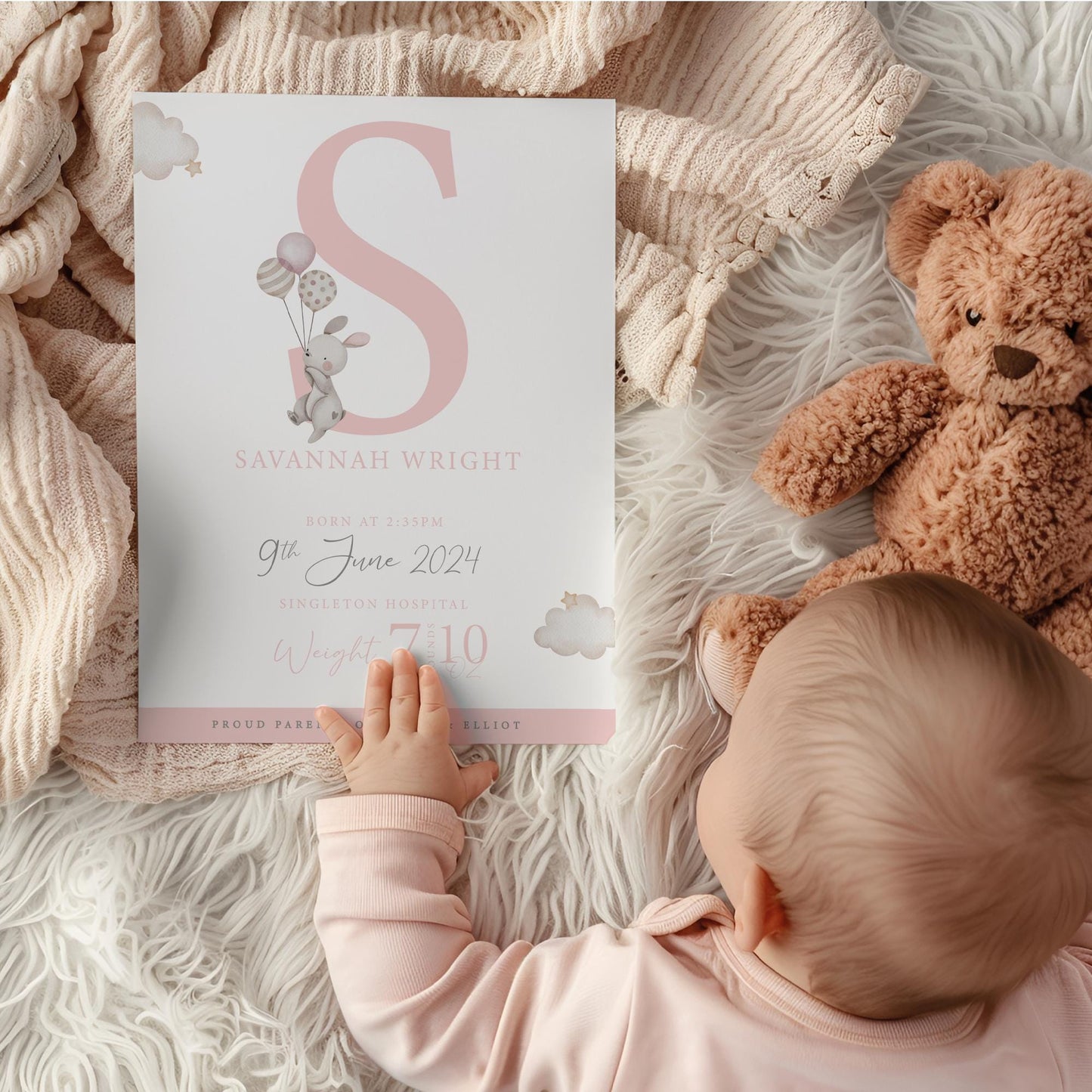 Personalised Pink Bunny Balloon Nursery Print, Birth Details, Poster, New Baby Boy Gift, Baby Name Print, Sentimental, A4 A3 Wall Print