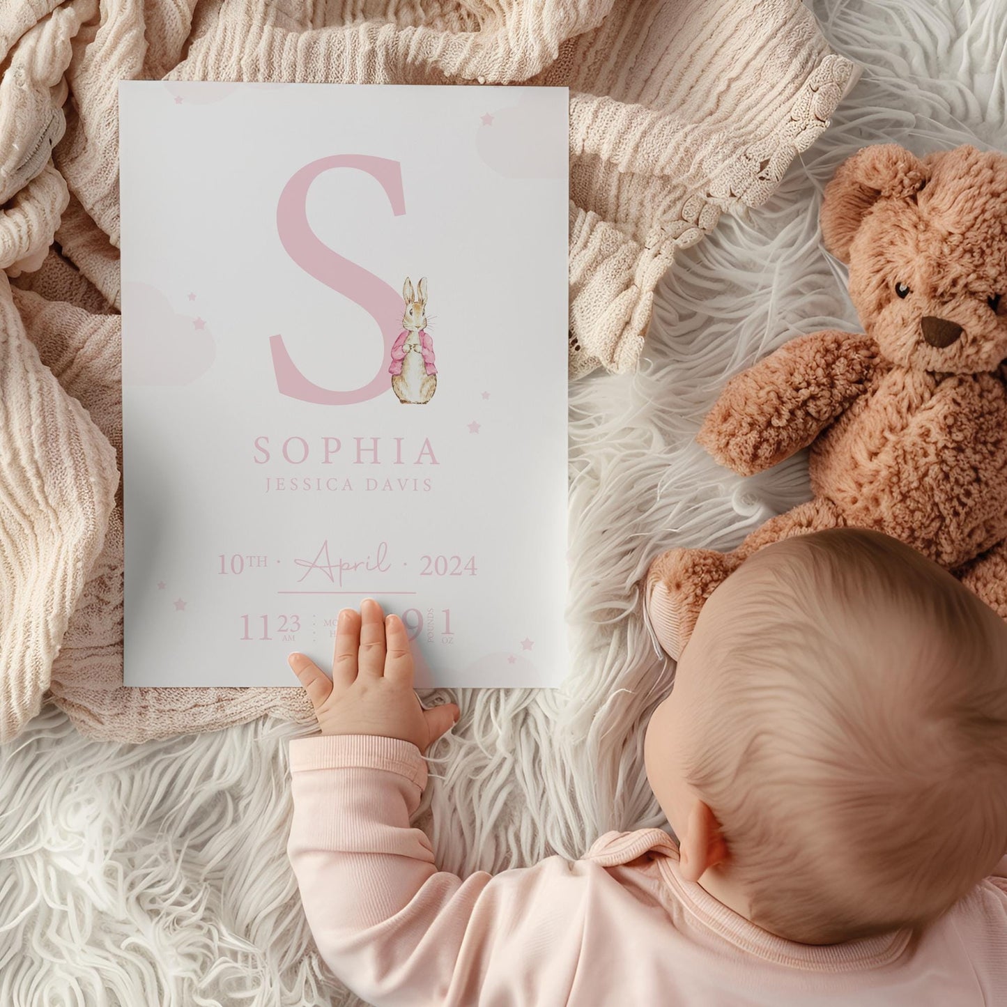 Rabbit Pink Blue Pastel Birth Print, Birth Details, Poster, New Baby Boy Girl Gift, Baby Name Print, Sentimental, Nursery A4 A3 Wall Art
