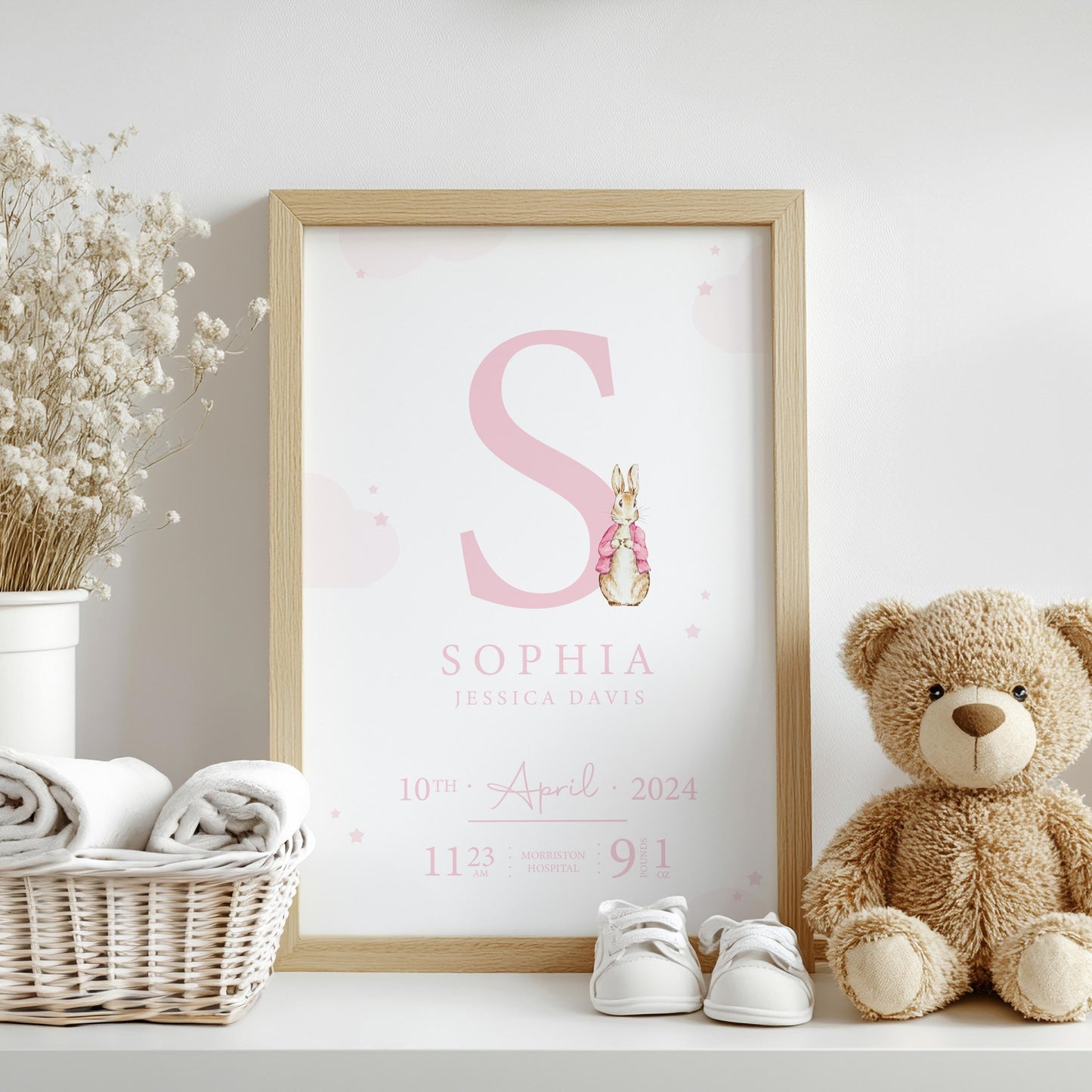 Rabbit Pink Blue Pastel Birth Print, Birth Details, Poster, New Baby Boy Girl Gift, Baby Name Print, Sentimental, Nursery A4 A3 Wall Art