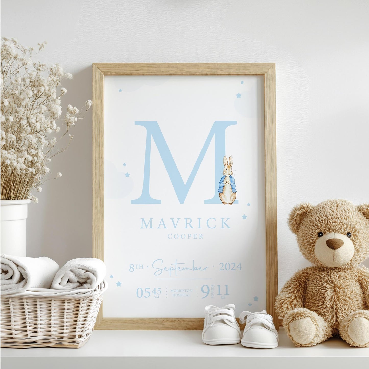 Rabbit Blue Pastel Birth Print, Birth Details, Poster, New Baby Boy Girl Gift, Baby Name Print, Sentimental, Nursery A4 A3 Wall Art