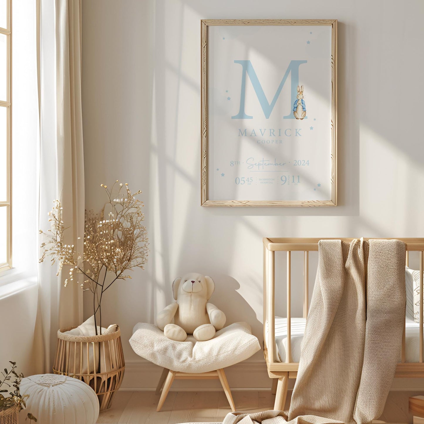 Rabbit Blue Pastel Birth Print, Birth Details, Poster, New Baby Boy Girl Gift, Baby Name Print, Sentimental, Nursery A4 A3 Wall Art