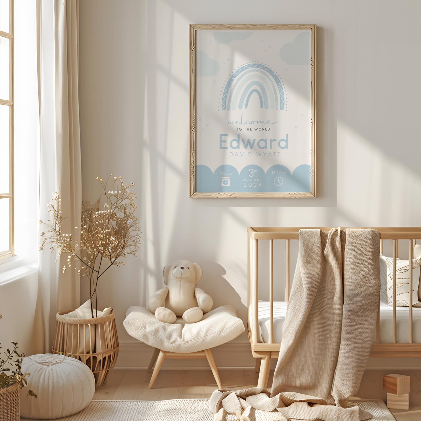 Rainbow Blue Birth Print, Birth Details, Poster, New Baby Boy Gift, Baby Name Print, Sentimental, Nursery A4 A3 Wall Art