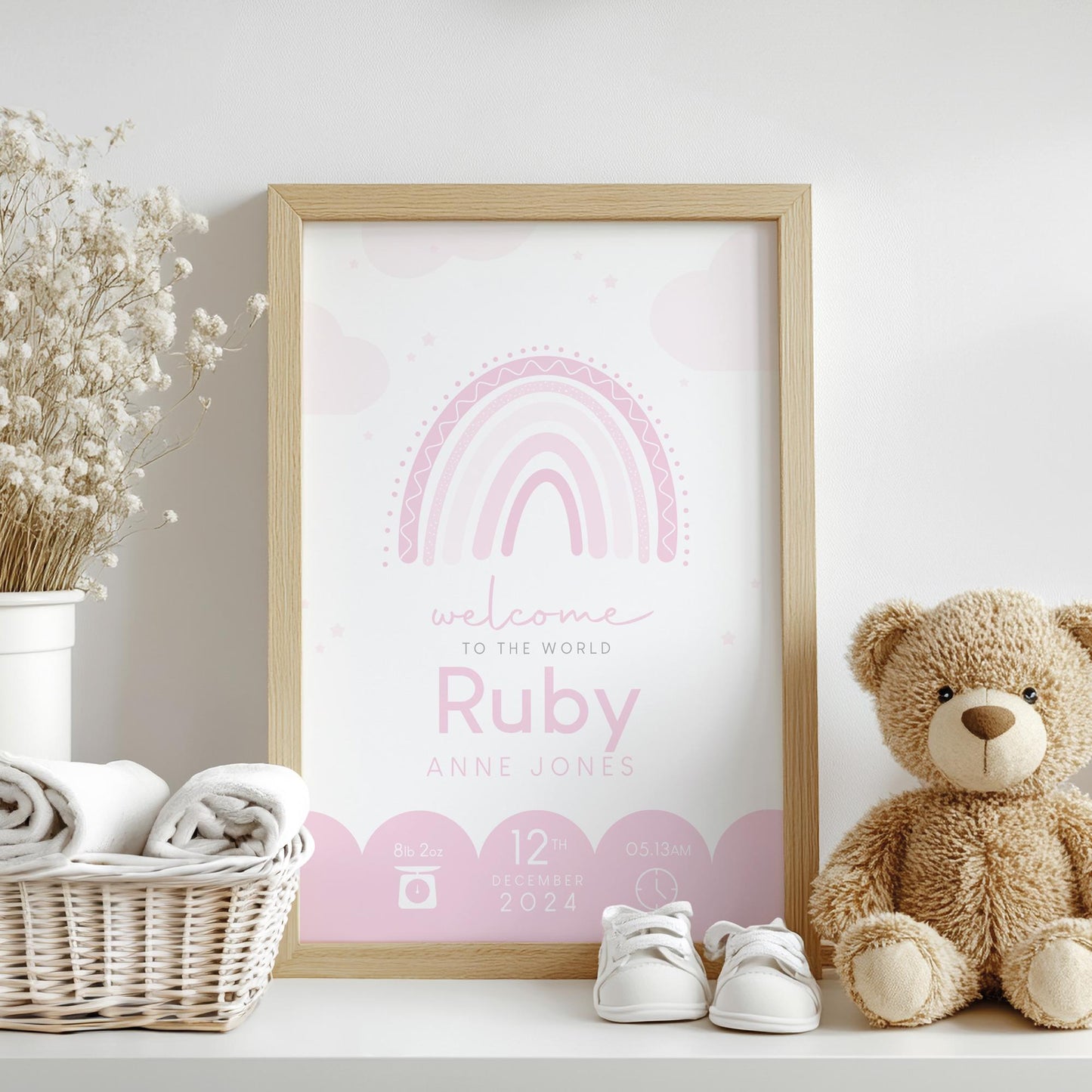Rainbow Pink Birth Print, Birth Details, Poster, New Baby Girl Gift, Baby Name Print, Sentimental, Nursery A4 A3 Wall Art