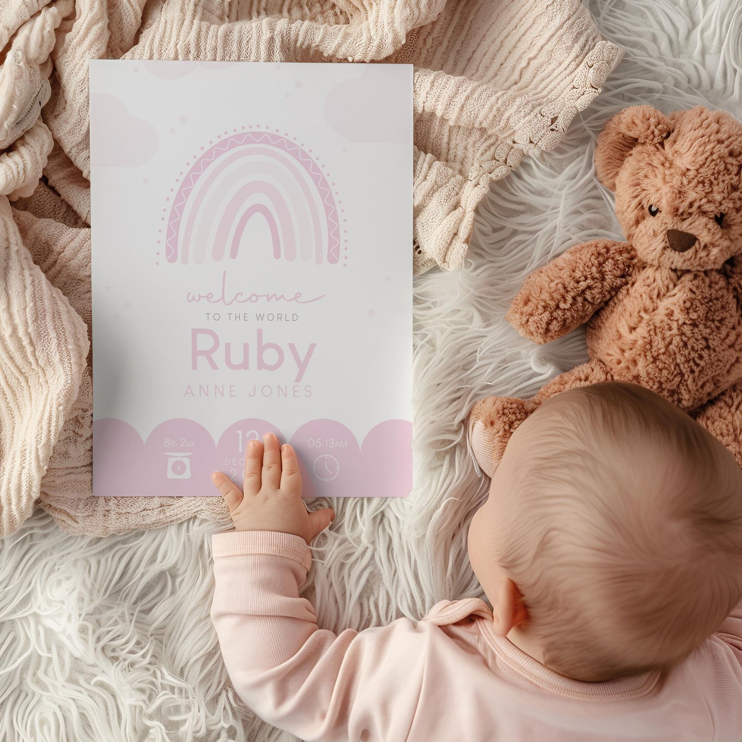 Rainbow Pink Birth Print, Birth Details, Poster, New Baby Girl Gift, Baby Name Print, Sentimental, Nursery A4 A3 Wall Art