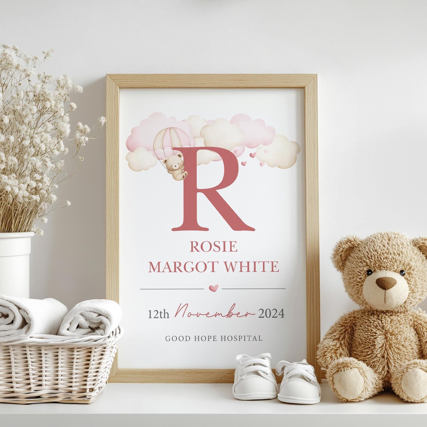 Personalised Pink Teddy Clouds Birth Print, Birth Details, Poster, New Baby Girl Gift, Baby Name Print, Sentimental, Nursery A4 A3 Wall Art