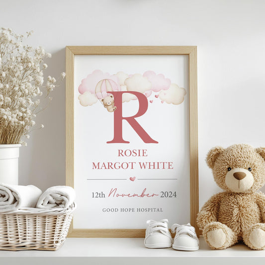 Personalised Pink Teddy Clouds Birth Print, Birth Details, Poster, New Baby Girl Gift, Baby Name Print, Sentimental, Nursery A4 A3 Wall Art