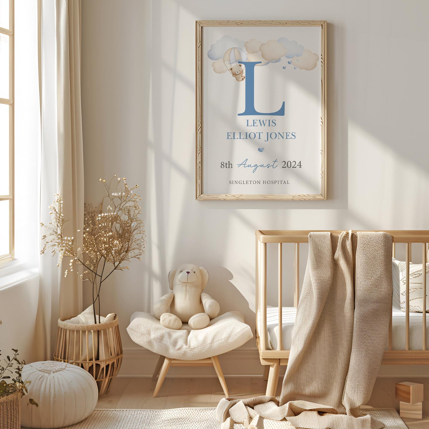 Personalised Blue Teddy Clouds Birth Print, Birth Details, Poster, New Baby Boy Gift, Baby Name Print, Sentimental, Nursery A4 A3 Wall Art