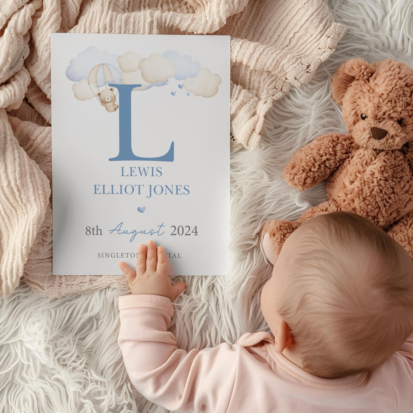 Personalised Blue Teddy Clouds Birth Print, Birth Details, Poster, New Baby Boy Gift, Baby Name Print, Sentimental, Nursery A4 A3 Wall Art