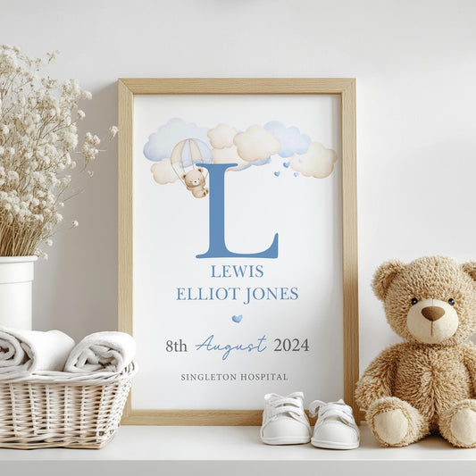 Personalised Blue Teddy Clouds Birth Print, Birth Details, Poster, New Baby Boy Gift, Baby Name Print, Sentimental, Nursery A4 A3 Wall Art