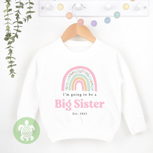 Personalised Girls Boho Rainbow Announcement T-shirt | New Baby Announcement| Big Sister | Children's sweatshirt | New Sister Gift Outfit