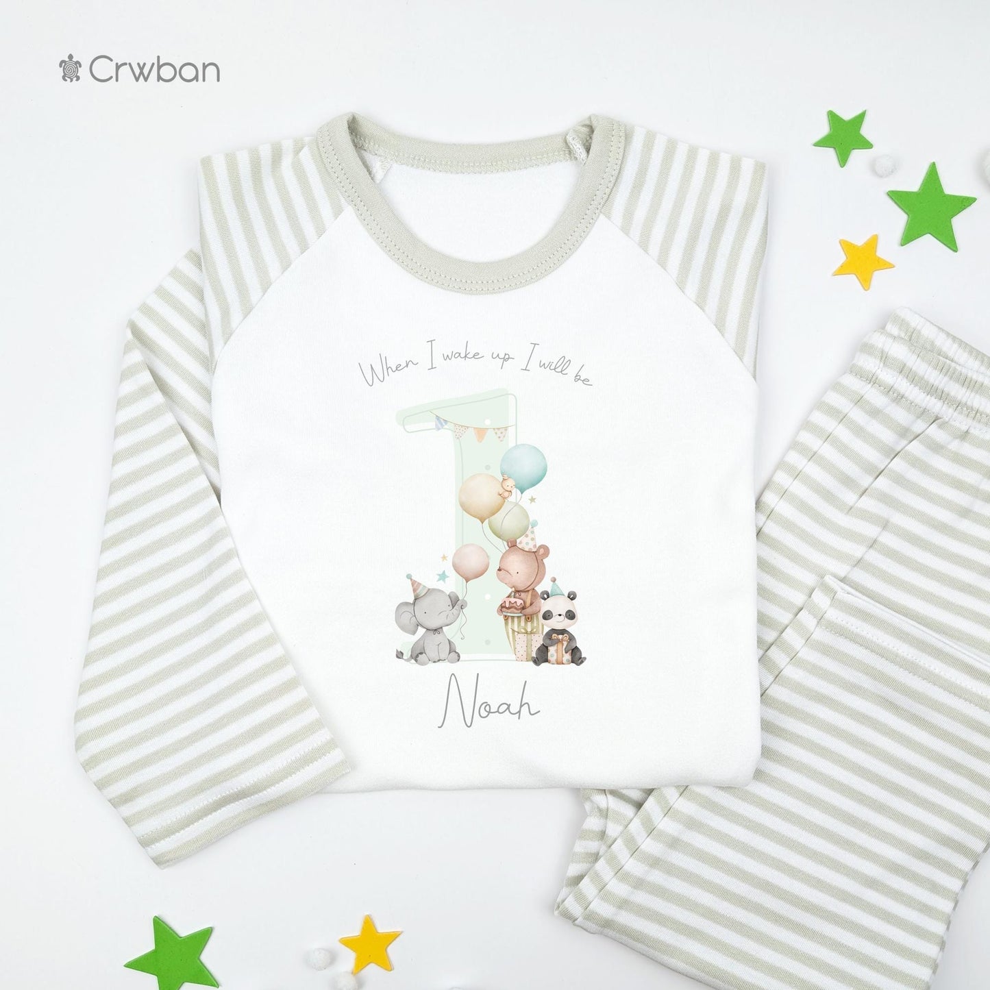 Green Teddy Party Birthday Pj's Personalised Watercolour Birthday, When I Wake Up Pyjamas, Grey Print, Boy Girl, Any Age, Neutral Outfit