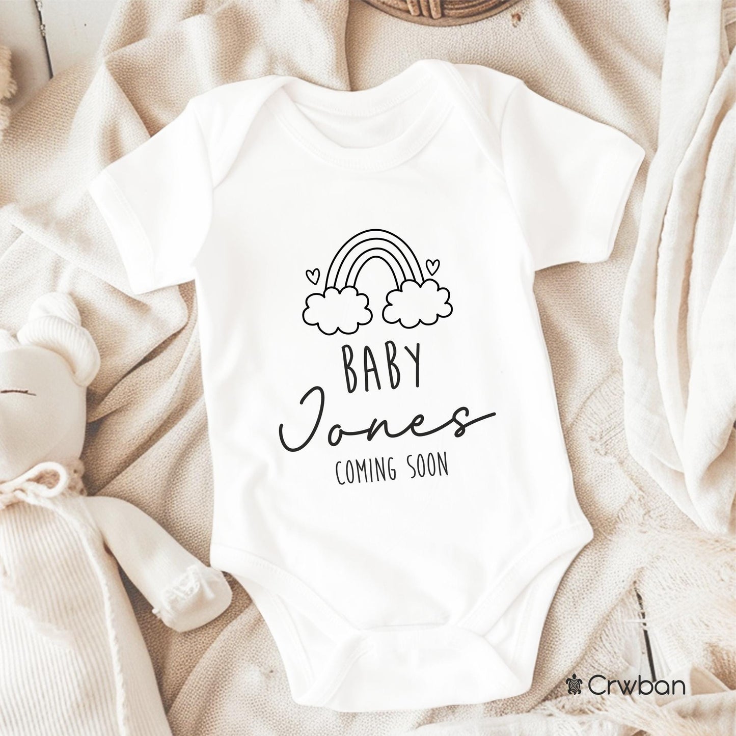 Personalised Rainbow Baby with Surname Pregnancy Announcement Unisex White Babygrow Bodysuit Gift Baby Shower