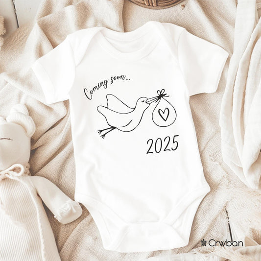 Stork Pregnancy Announcement With Year Heart Special Delivery Unisex White Babygrow Bodysuit Gift Baby Shower