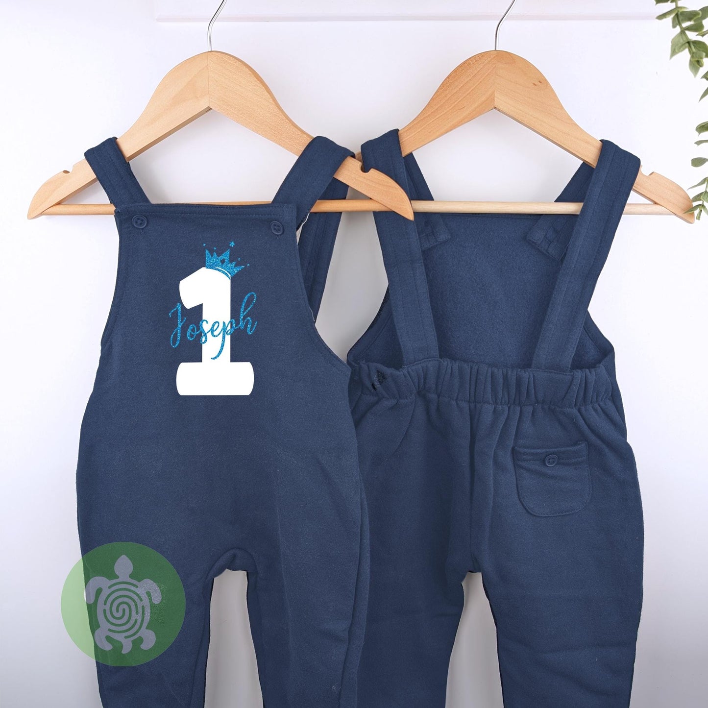 Crown 1st 2nd Birthday Navy Fleece Dungarees, Party Outfit Personalised design with Aqua Blue Glitter Print Toddler Childs Outfit