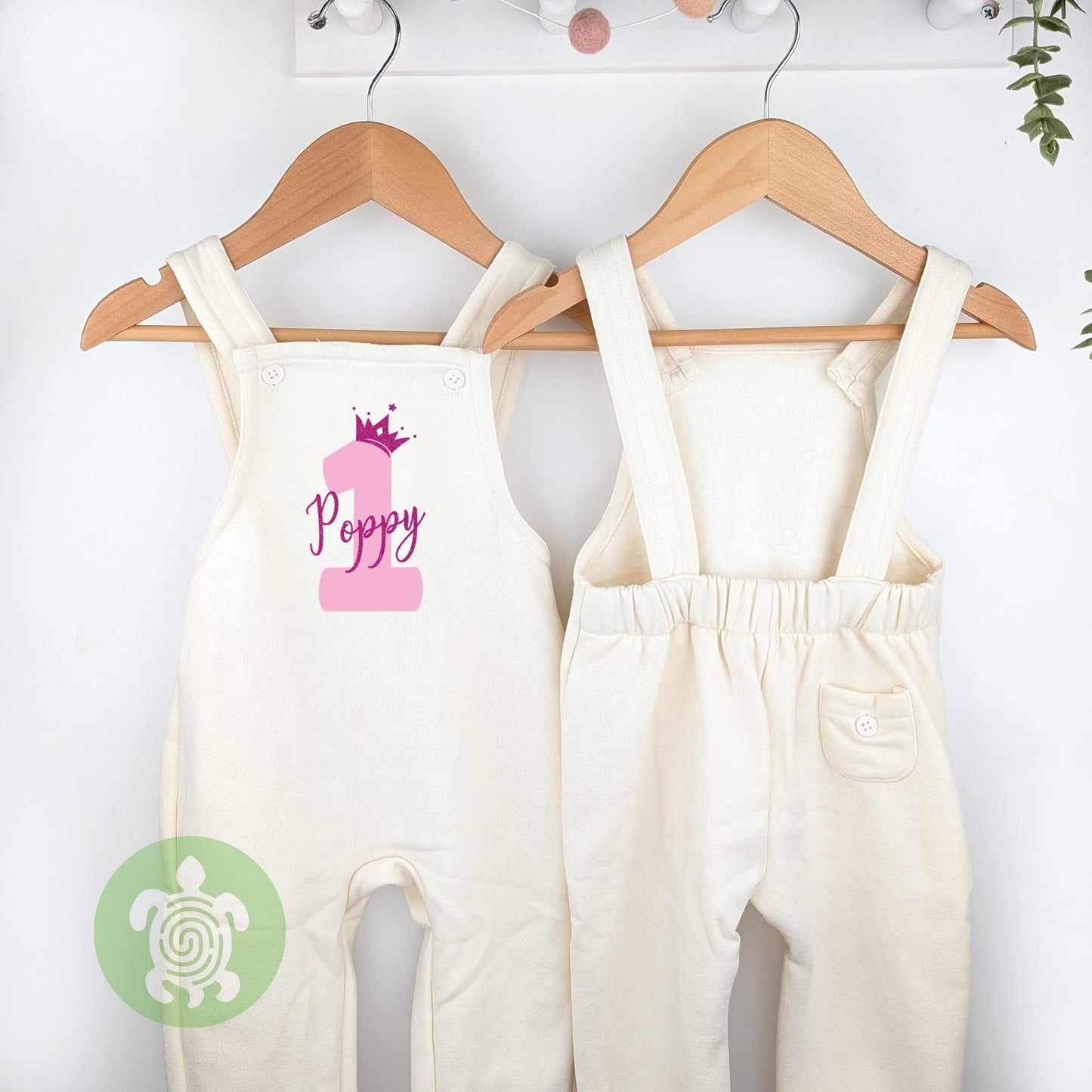 Crown 1st 2nd Birthday Oat Fleece Dungarees, Party Outfit Personalised design with Blush Pink Glitter Print Toddler Childs Outfit