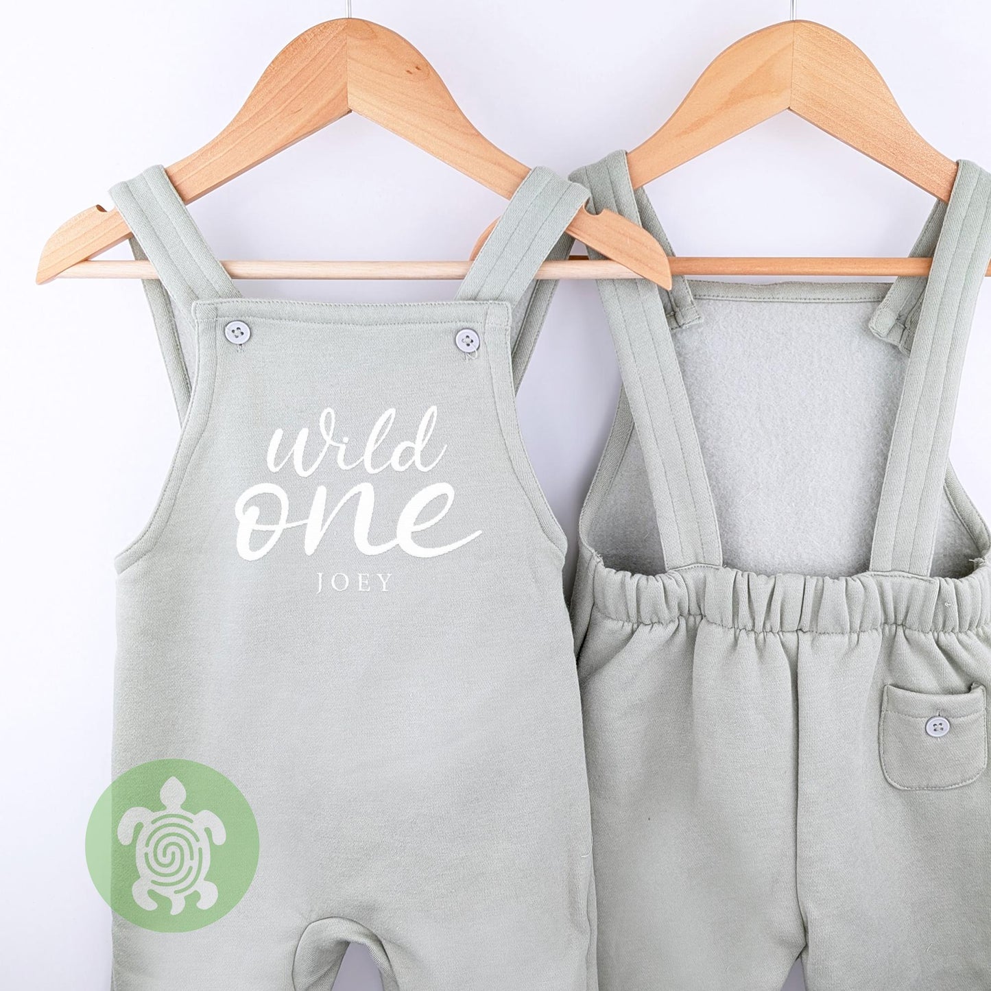 Wild One Personalised Embroidered Birthday Sage Fleece Dungarees, 1st Party Outfit with Grey Print, Childs Clothing, Birthday Outfit