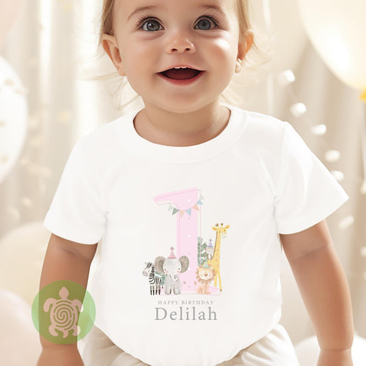 Safari Pink Shadow Happy Birthday Party T-shirt Top, Personalised 1st 2nd 3rd Birthday design, Birthday Outfit, First Second Birthday Tee