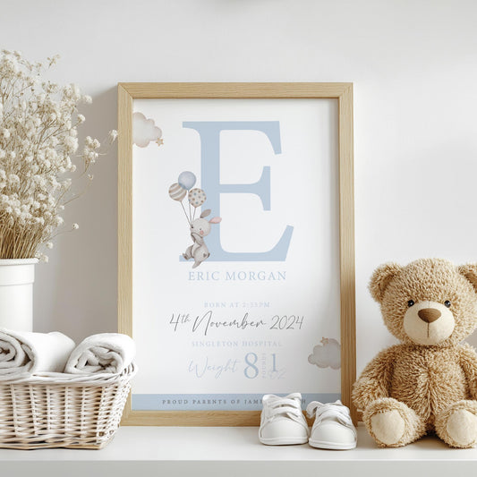 Personalised Blue Bunny Balloon Nursery Print, Birth Details, Poster, New Baby Boy Gift, Baby Name Print, Sentimental, A4 A3 Wall Print