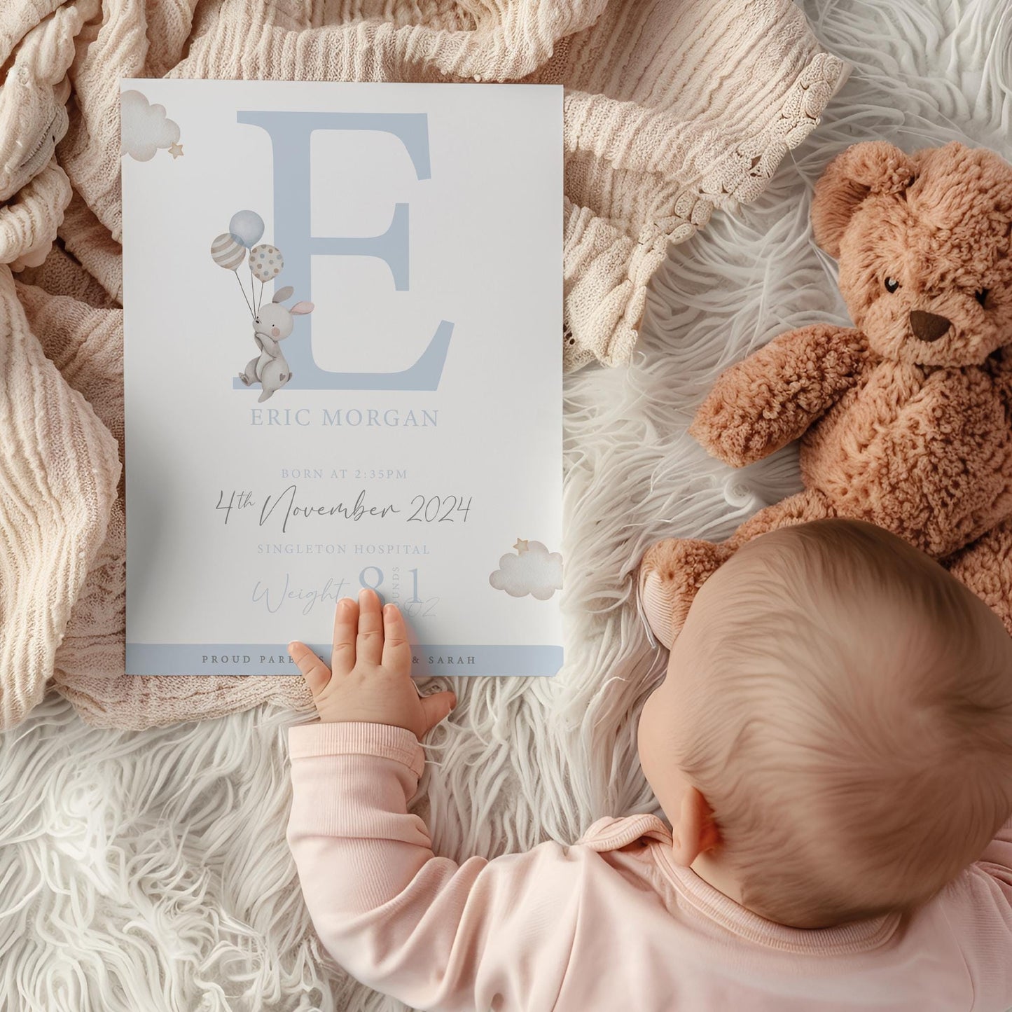 Personalised Blue Bunny Balloon Nursery Print, Birth Details, Poster, New Baby Boy Gift, Baby Name Print, Sentimental, A4 A3 Wall Print