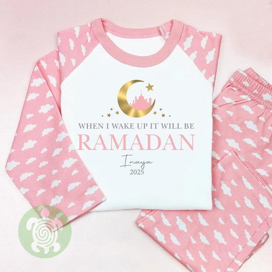 Personalised When I wake up Eid Mubarak Pyjamas, Children's Eid Pyjama, Celebration Pyjamas, Eid Ramadan, Baby Toddler, Pink Blue Cloud