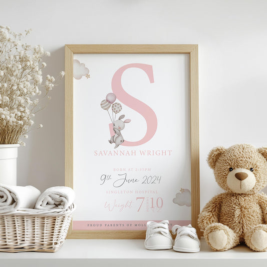 Personalised Pink Bunny Balloon Nursery Print, Birth Details, Poster, New Baby Boy Gift, Baby Name Print, Sentimental, A4 A3 Wall Print