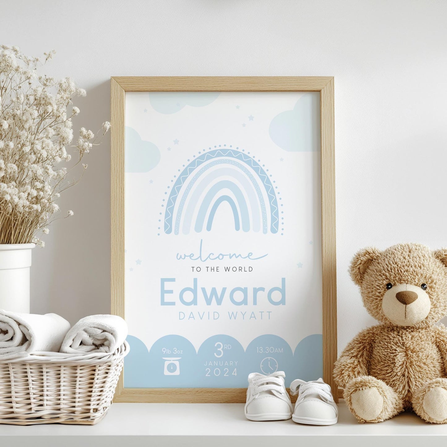 Rainbow Blue Birth Print, Birth Details, Poster, New Baby Boy Gift, Baby Name Print, Sentimental, Nursery A4 A3 Wall Art