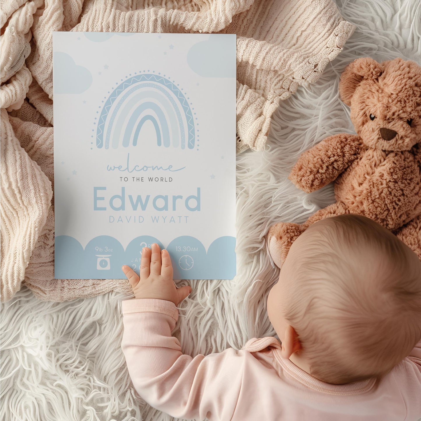Rainbow Blue Birth Print, Birth Details, Poster, New Baby Boy Gift, Baby Name Print, Sentimental, Nursery A4 A3 Wall Art
