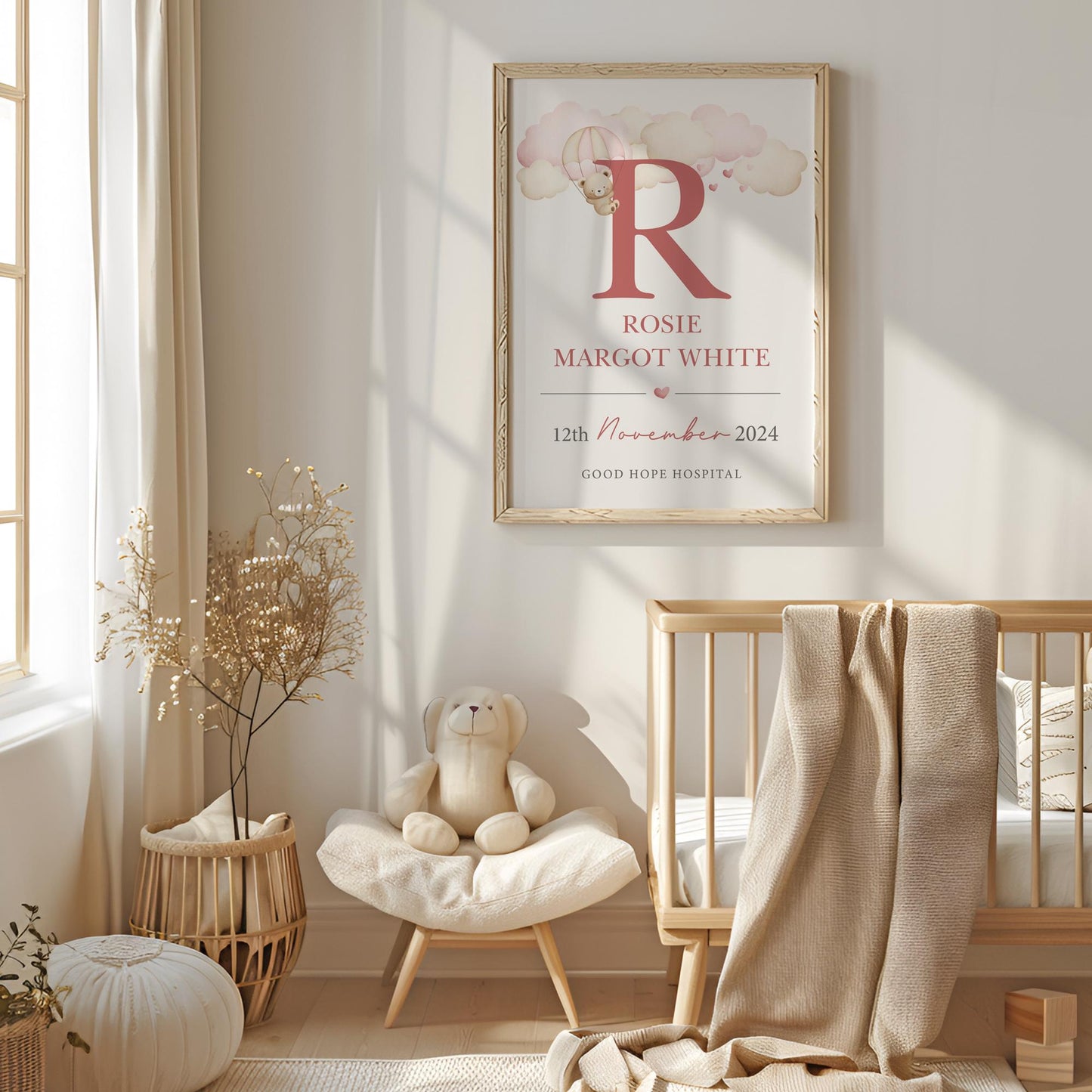 Personalised Pink Teddy Clouds Birth Print, Birth Details, Poster, New Baby Girl Gift, Baby Name Print, Sentimental, Nursery A4 A3 Wall Art